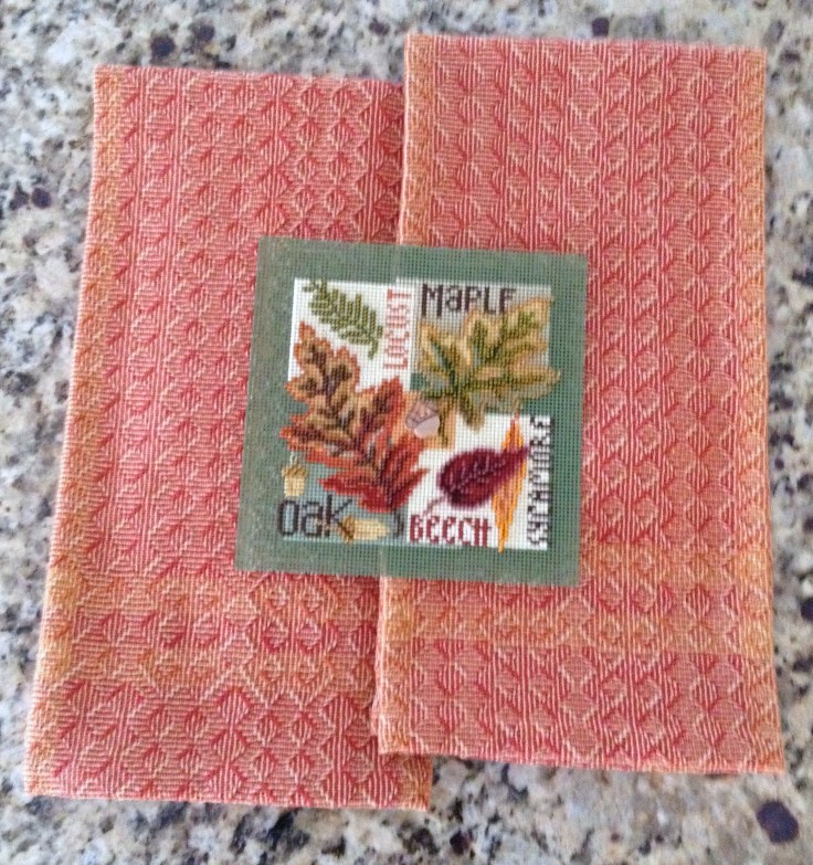 Pumpkin Shadow weave towels with beaded counted cross stitch (Fall Leaves designed by Mill Hill)