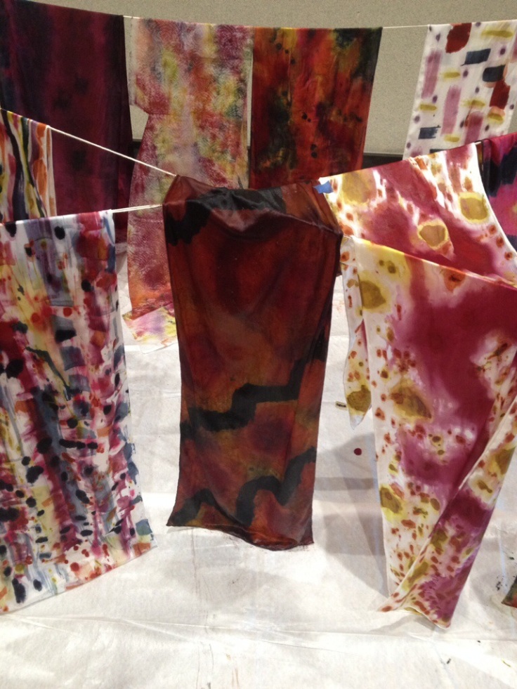 Silk painted scarves with natural dye extracts.